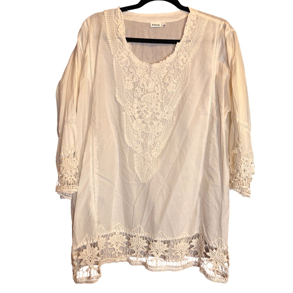 ASHA Tunic Top Womens 44 White Good Crochet Lace Boho V-Neck 3/4 Sleeve